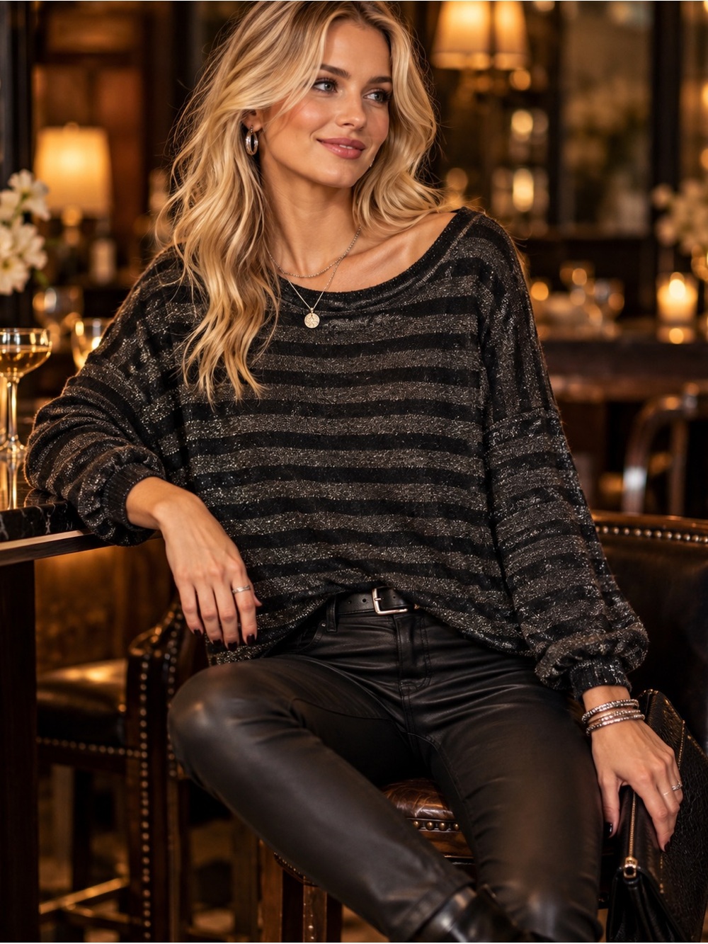 GeeGee Metallic Striped Slouchy Sweater Black Gray L